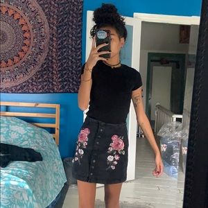 Black Floral Denim Skirt